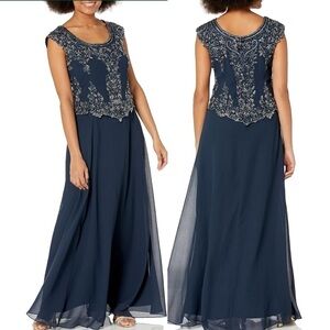 NEW J Kara Navy Mock 2 Piece Beaded Bodice Cap Sleeve Long Fit & Flare Dress